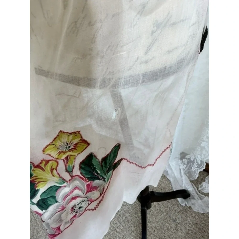 Vintage 1940's White Linen Half Apron Floral Embroidery Red Rickrack Trim Pocket